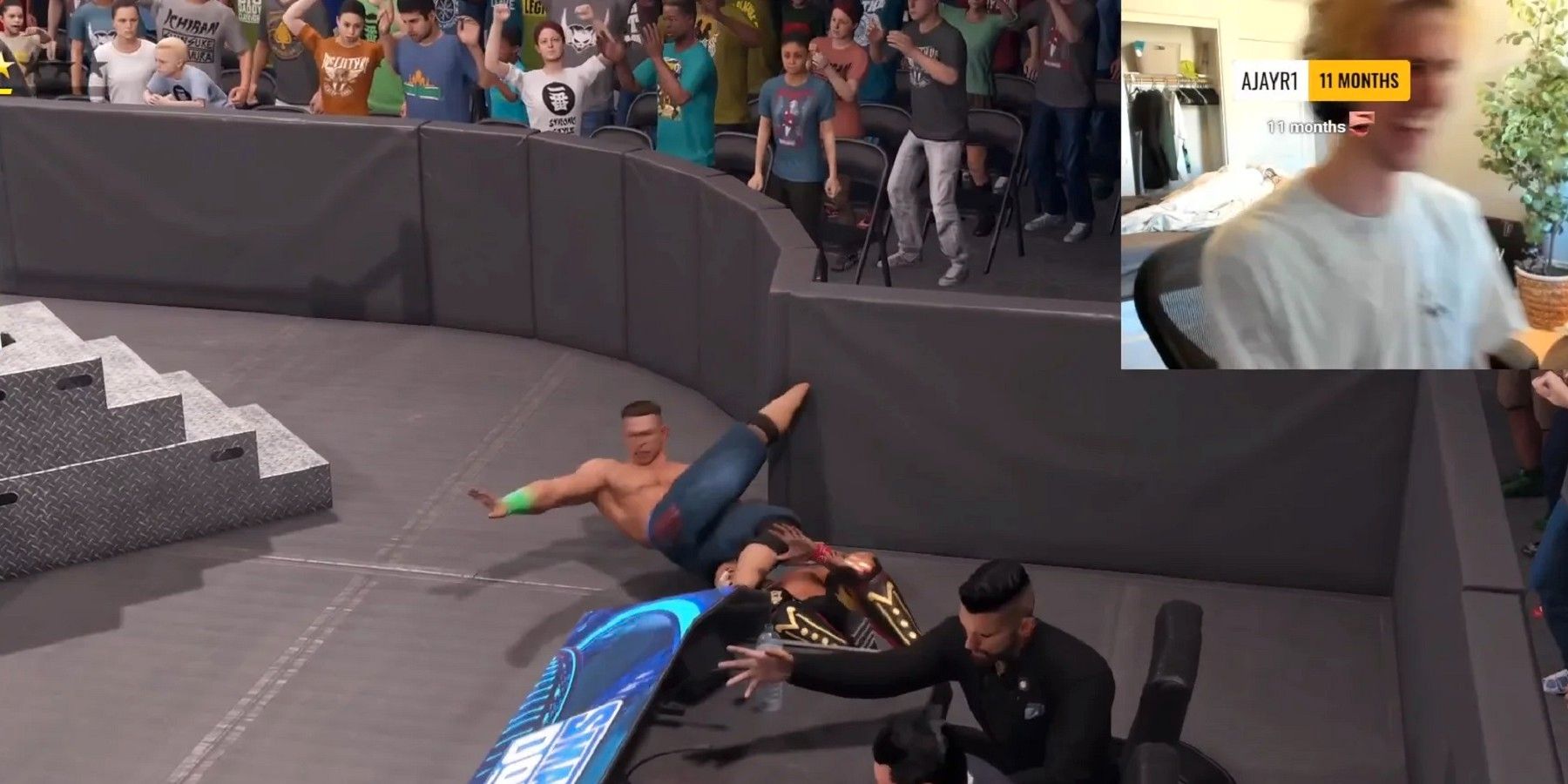 Стример Twitch xQc получает веселое преимущество в WWE 2K22 после того, как нога Джона Сины попала в баррикаду